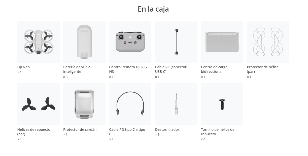 Contenido de la caja del DJI Neo Fly More Combo